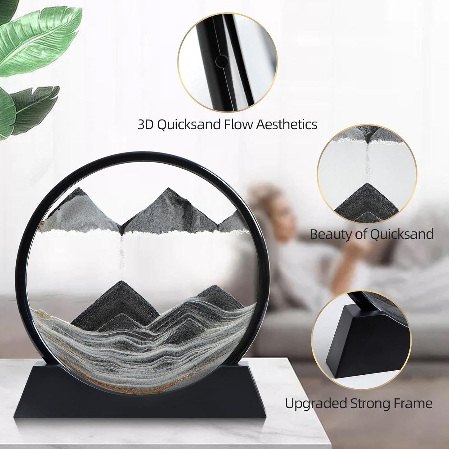 KPNUWN Moving Sand Art Liquid Motion, 3D Deep Sea Sandscape Color Quicksand Decor, Round Glass Moving Sand Art Picture Relaxing Desktop Home Office Work Decor (12 inch-Black)