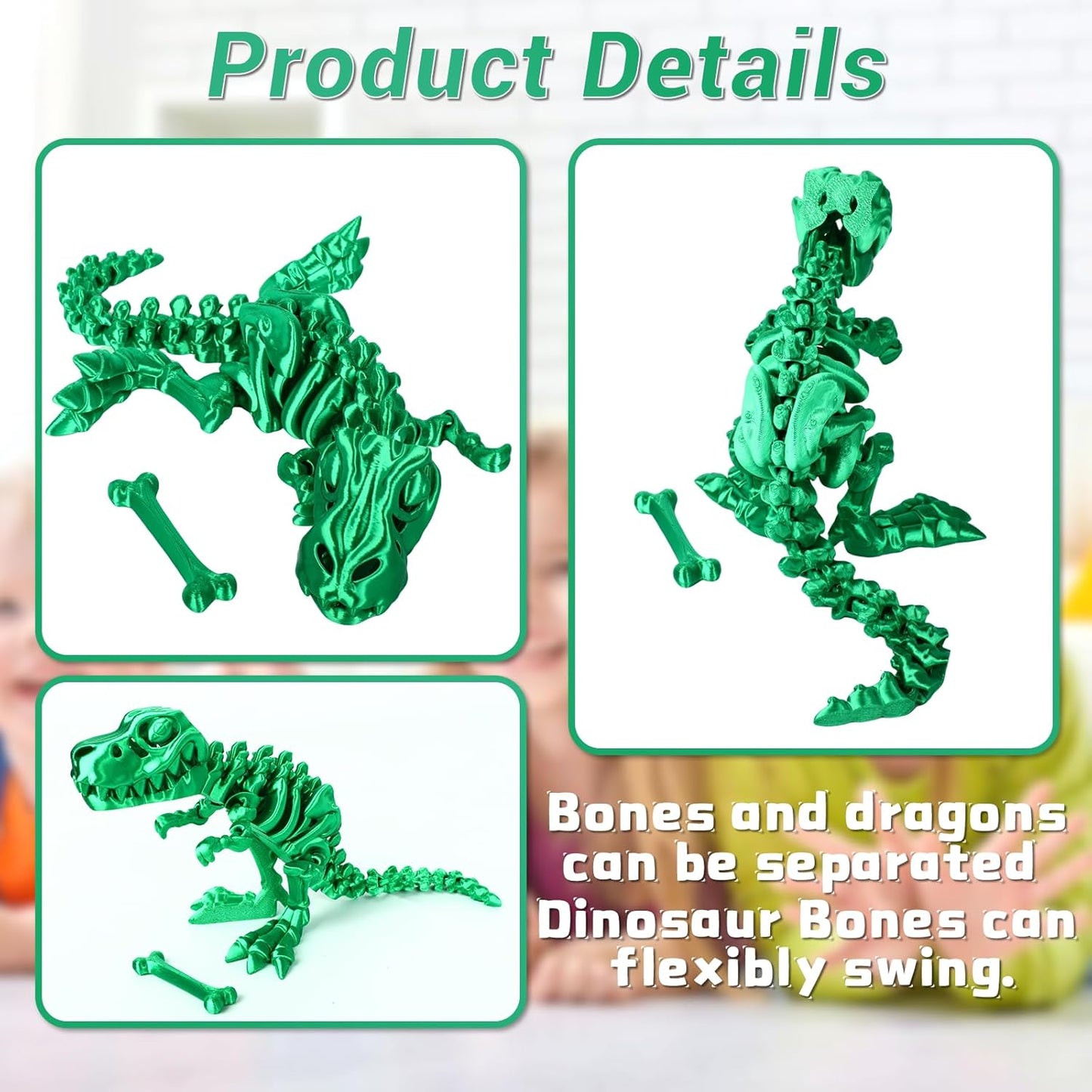 3D Printed Dinosaur Bone Skeleton Tyrannosaurus Rex with Movable Jaw Fidget Dinosaur Toys Full Articulated Dinosaur Executive Desk Toys Home Office Decor, Green-2