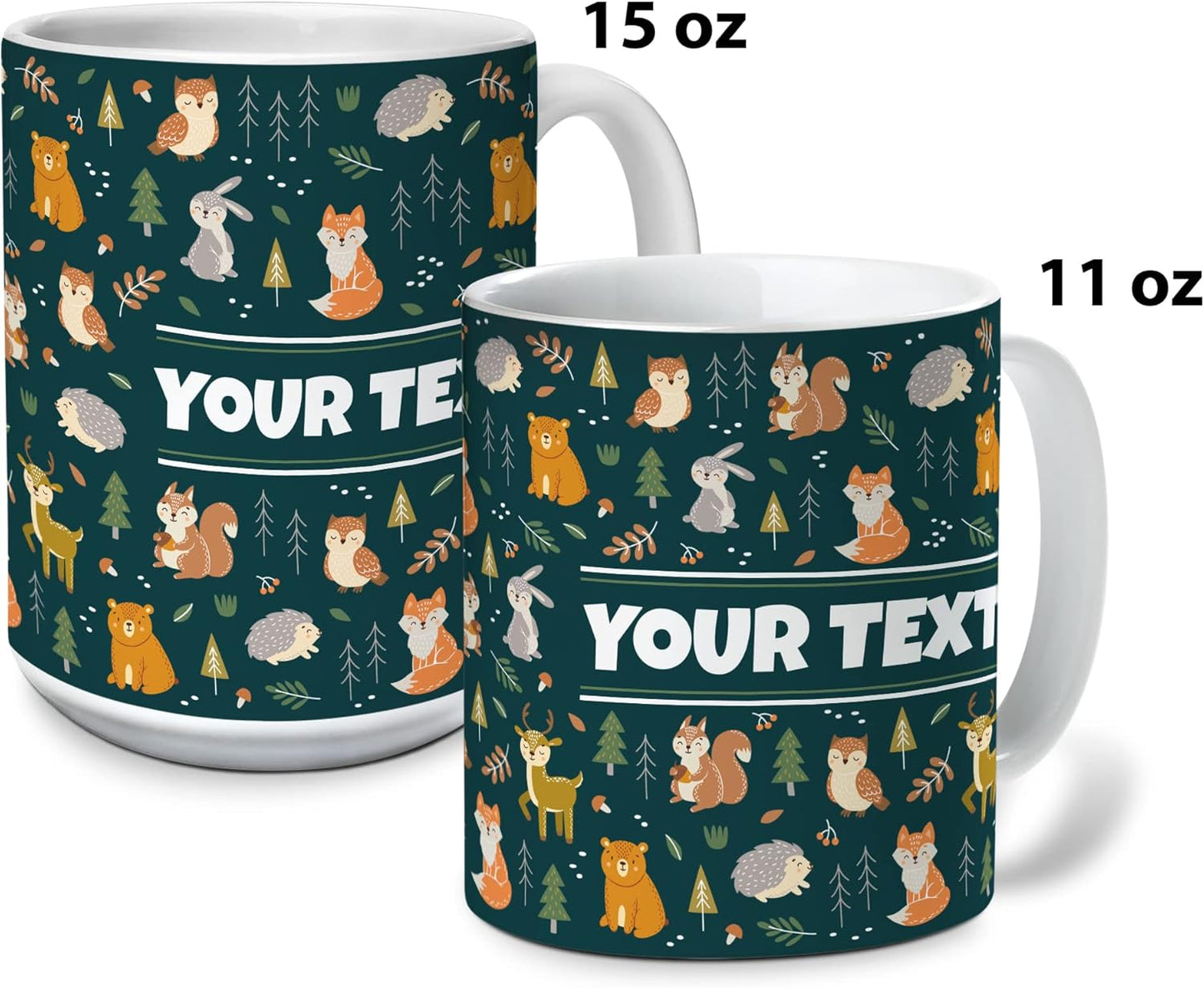 Personalized Mug for Kids - Woodland Animals - Custom Name/Text, Ceramic Hot Chocolate/Cocoa/Coffee Cup for Boys/Girls, Birthday/Christmas/Holiday Gift - 11 oz, Red Handle