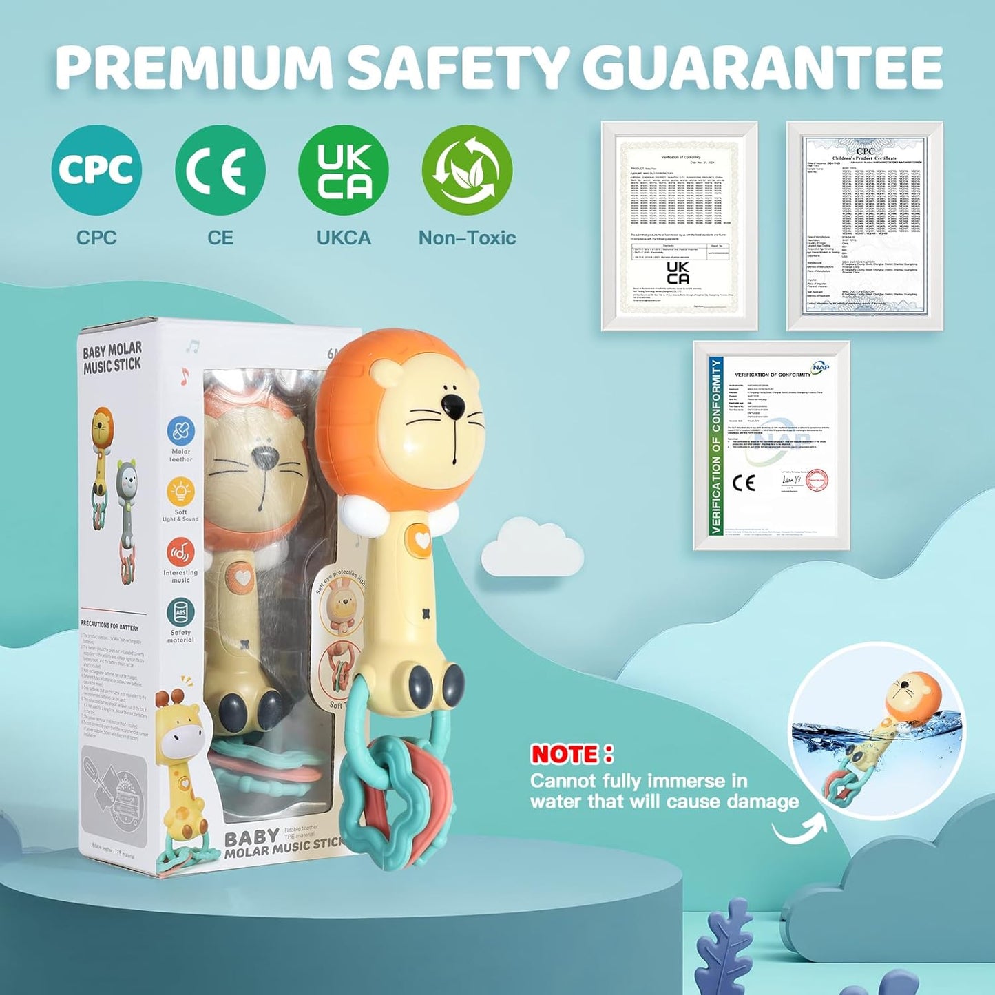 Orzbow Baby Musical Toy Light-Up, Lion Teether Toy Bpa-Free, Baby Teething Toys & Rattles 3-6-12-18 Months, Easy to Grip Sensory Toys for Toddler, Baby Boy Gir Birthdays Gift