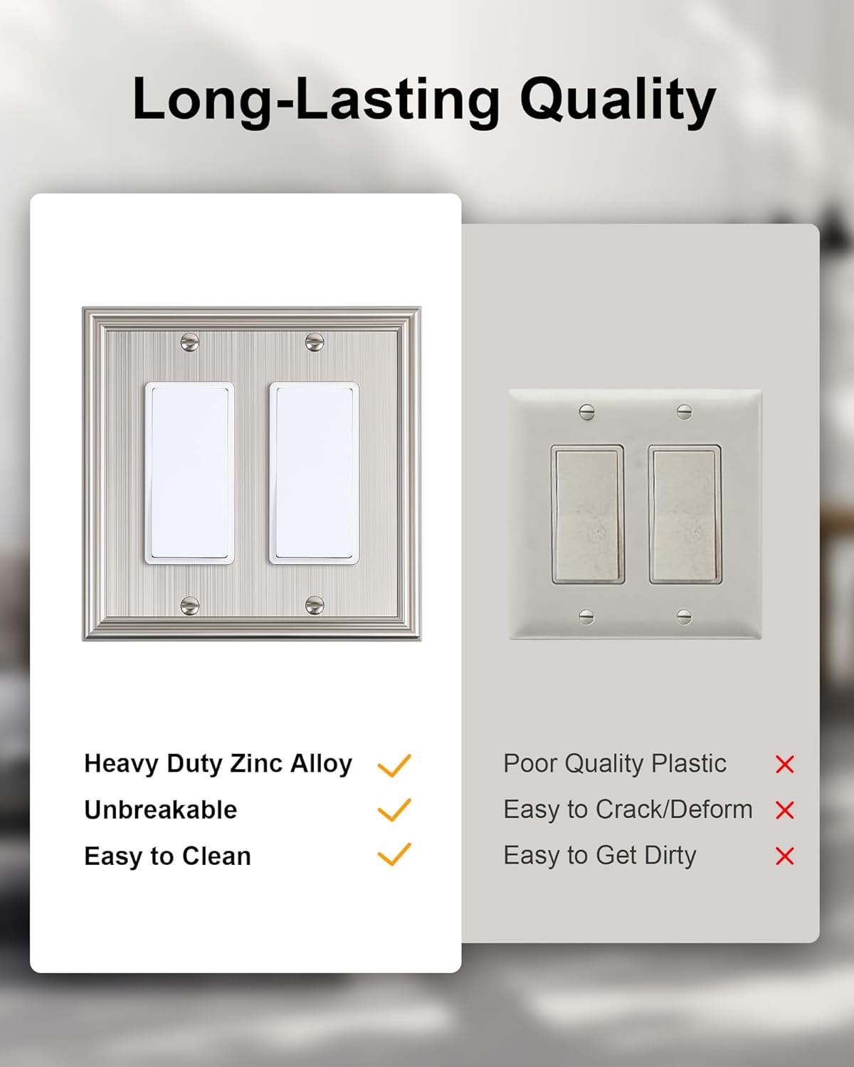 2-Pack Decorative Double Decorator Outlet Cover Plate, Durable Zinc Alloy Brushed Nickel Wall Plates for Electrical Outlets, Receptacle, GFCI Outlet, Dimmer Switch, 2-Gang