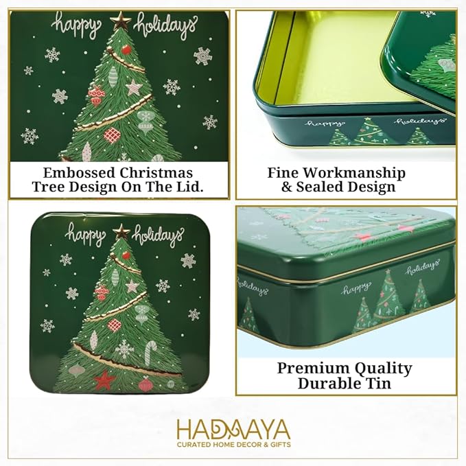 Pack of 2 Square Metal Christmas Cookie Tins With Lids, Elegant Green & Gold Festive Tins, Multipurpose Tins For Gift Giving, Durable & Stylish Storage Solution For Cake, Candy & More