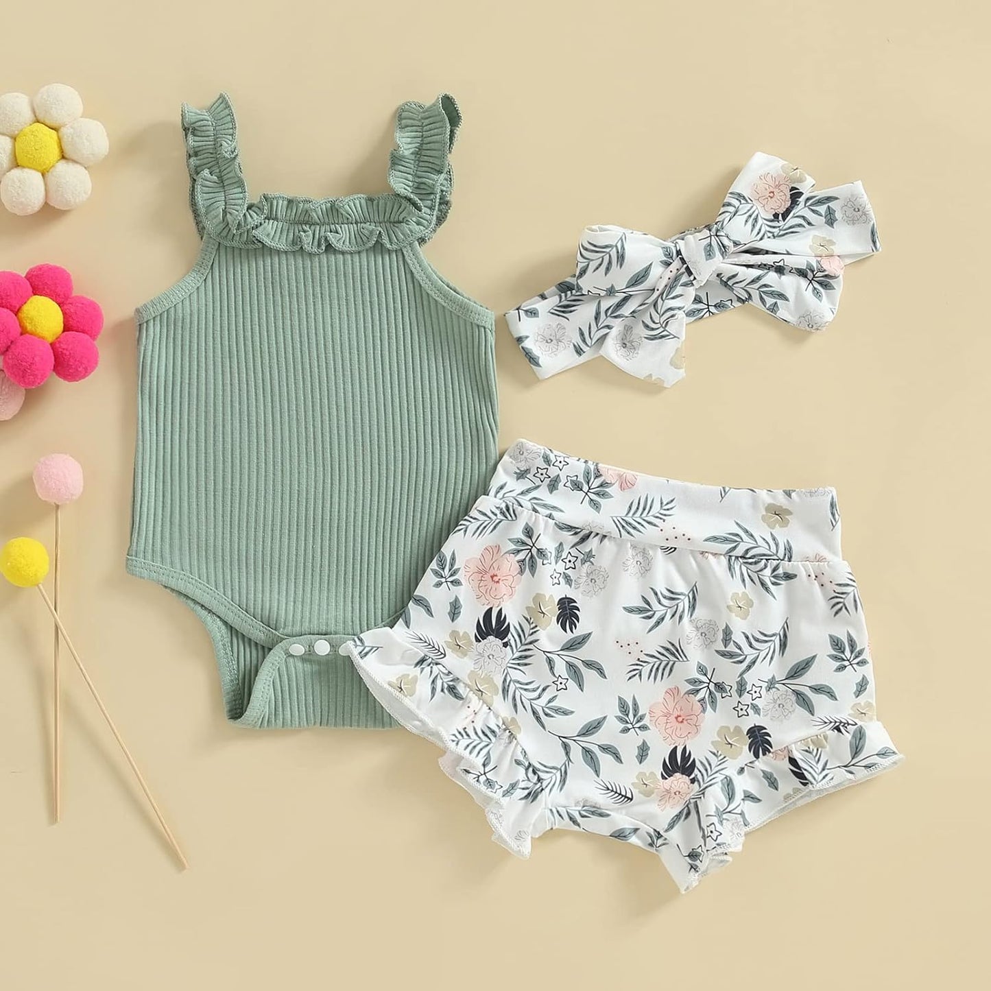 fhutpw Baby Girl Clothes Summer Cute Outfits 3 6 12 18 Months Spaghetti Strap Romper & Floarl Shorts Sets