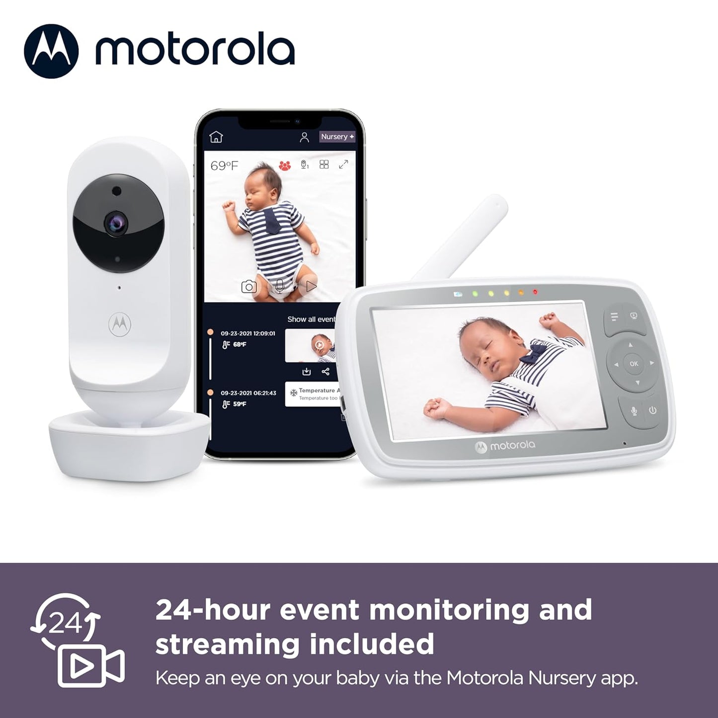 Motorola Nursery VM44 WiFi Video Baby Monitor with Camera, 4.3" Screen, 1000ft Range, 2-Way Audio, Pan/Tilt/Zoom, Room Temp, Lullabies, Night Vision