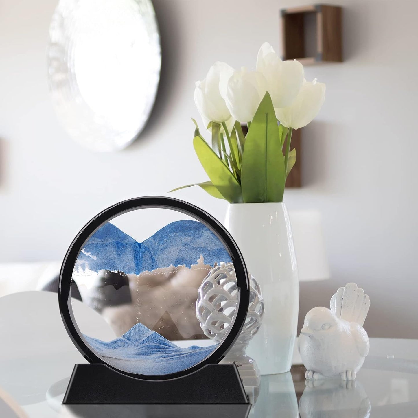 QLKUNLA Moving Sand Art Picture Liquid Motion 3D Deep Sea Sandscape in Motion Display Flowing Sand Frame Relaxing Desktop Home Office Work Decor Art Toys (7 inch, Blue)