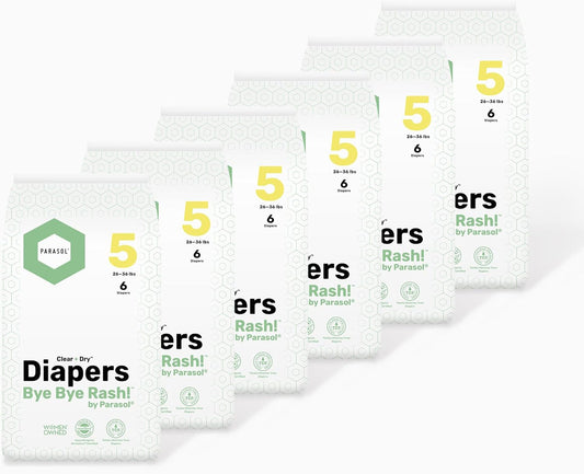 Parasol Clear+Dry Disposable Diapers, RashShield Protection, Leakproof Design, Hypoallergenic Diaper Set | Size 5 (26 lbs.) 36 Count