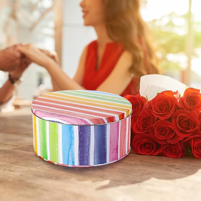 Yopay 3 Pack Cookie Tins, Round Baking Cake Gift Tins for Storing Patisseries, Puff Pastries Craft Supplies, Easter, Special Occasion and Holidays, Rainbow Pattern, 7" W X 3.2" H, Metal