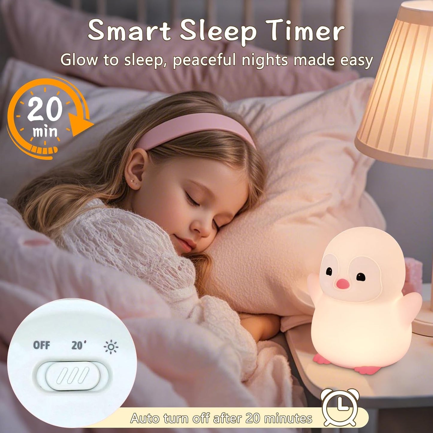 Pink Penguin Night Light,Food Grade Soft Silicone Nursery Nightlight for Baby,LED Squishy Novelty Animal Bedside Lamp,Rechargeable/Dimmable/Timer,Funny Gifts for Kids Girls Adults Teens