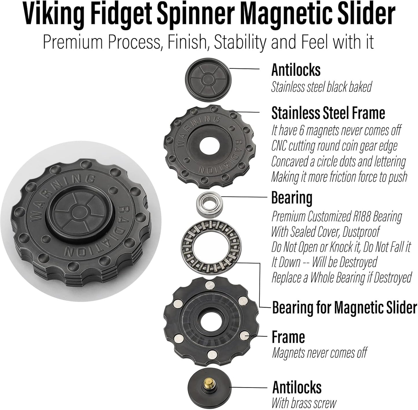 FREELOVE Metal Fidget Spinner Magnetic Slider, Spinning Haptic Clicker, Heavy Stainless Steel Spin Clicky, Small Round Gear Click Gyro, Premium Silent Bearing, Adults Anxiety Cool, Nuc Black