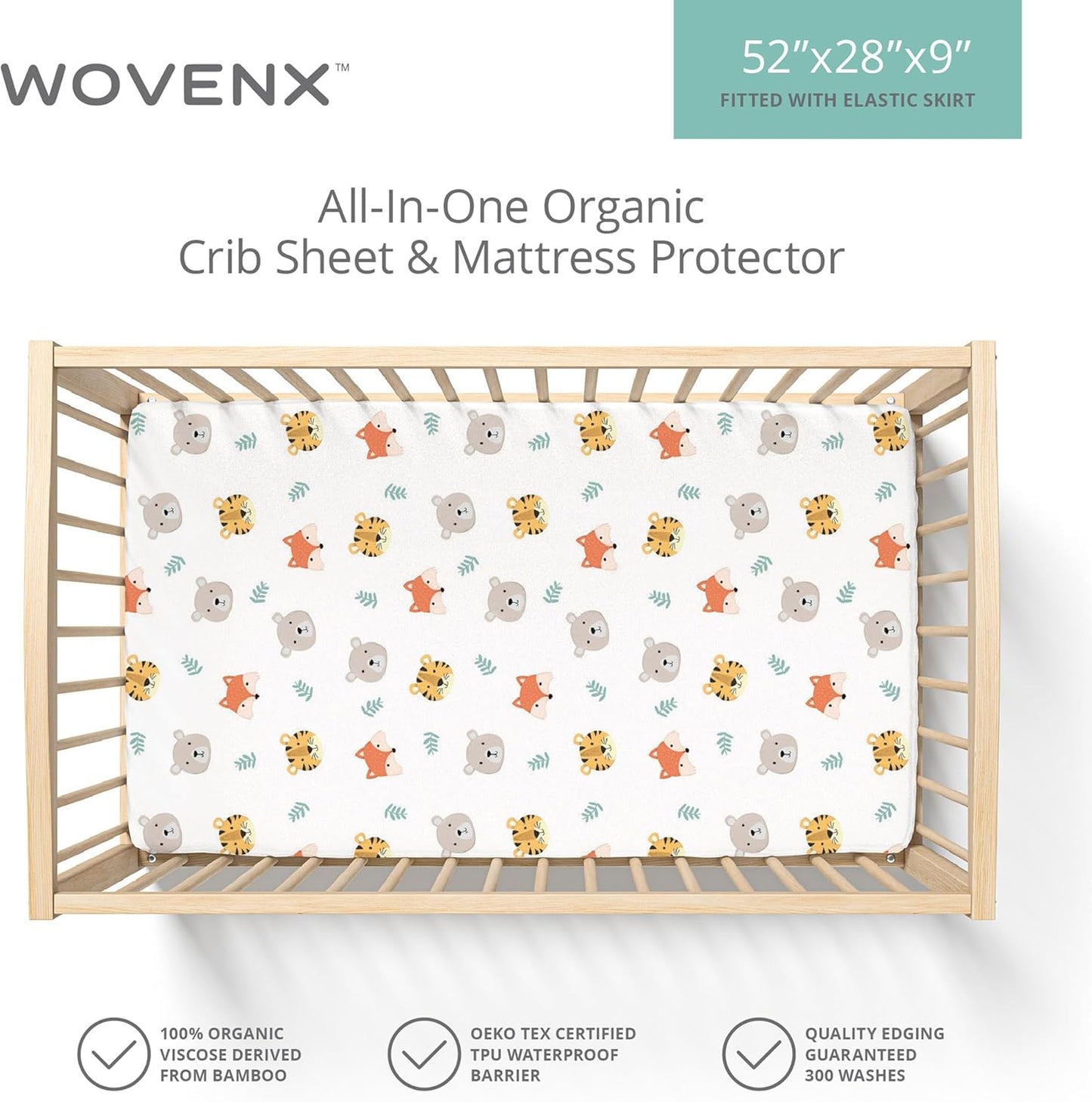 Organic All in One Crib Sheet and Mattress Protector - Waterproof Protectors - Reusable Washable – Fits Cribs – 52”x28”- with 9” Skirt Tiger Bear Fox