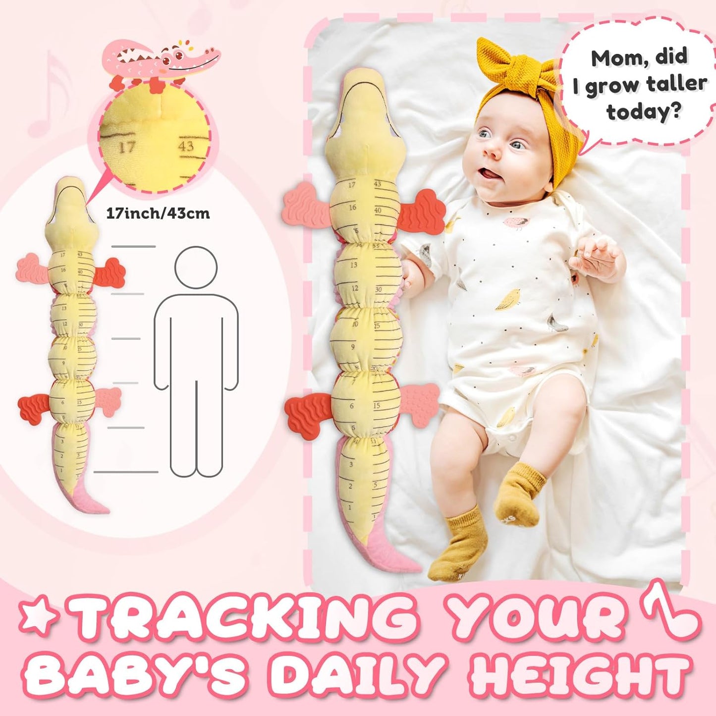 Baby Toys 0 to 12 Months, Musical Stuffed Animal Activity Soft Toys with Multi-Sensory Crinkle, Rattle and Textures,Infant Tummy Time Toys for Newborn Boys Girls, Crocodile, Pink