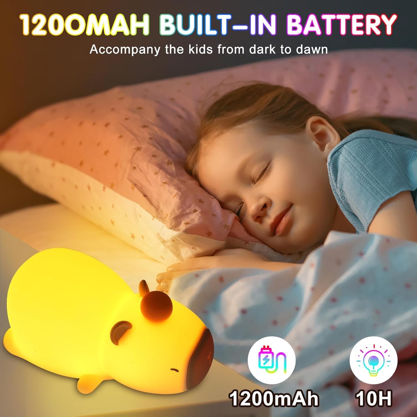Night Light for Kids, 7 Color Changing BPA-Free Silicone Lamp with Touch Control, Eye Protection, Rechargeable Battery, Soft & Safe Nursery Lamp for Boys & Girls (Sleeping Capybara)