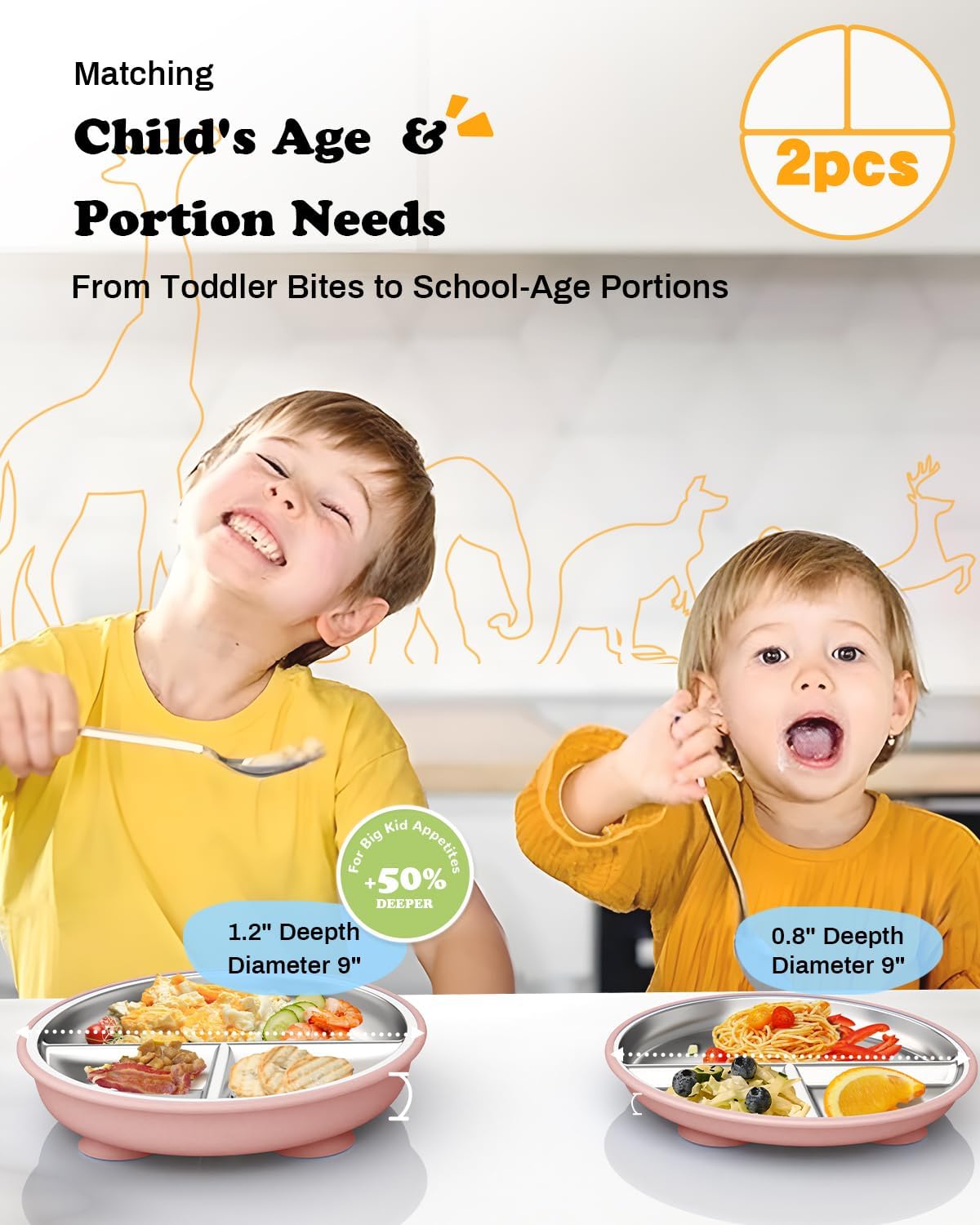 Stainless Steel Toddler Suction Plate with Lid, Deeper 9" Divided Plates with Removable Silicone Sleeves for Kids, Non Toxic & BPA Free | Unbreakable Baby Snack Dishes Set of 2, Pink & Lilac