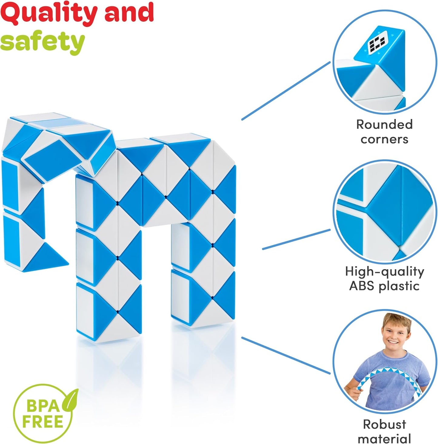 CUBIDI® Magic Snake Cube | Fidget Snake Toy for Kids | Travel Toys for Kids Ages 4-8 | Great Gift for Boys and Girls Birthday, Christmas, Stocking Stuffers - 48 Blocks | 0.9 inch x 0.7 inch | Blue