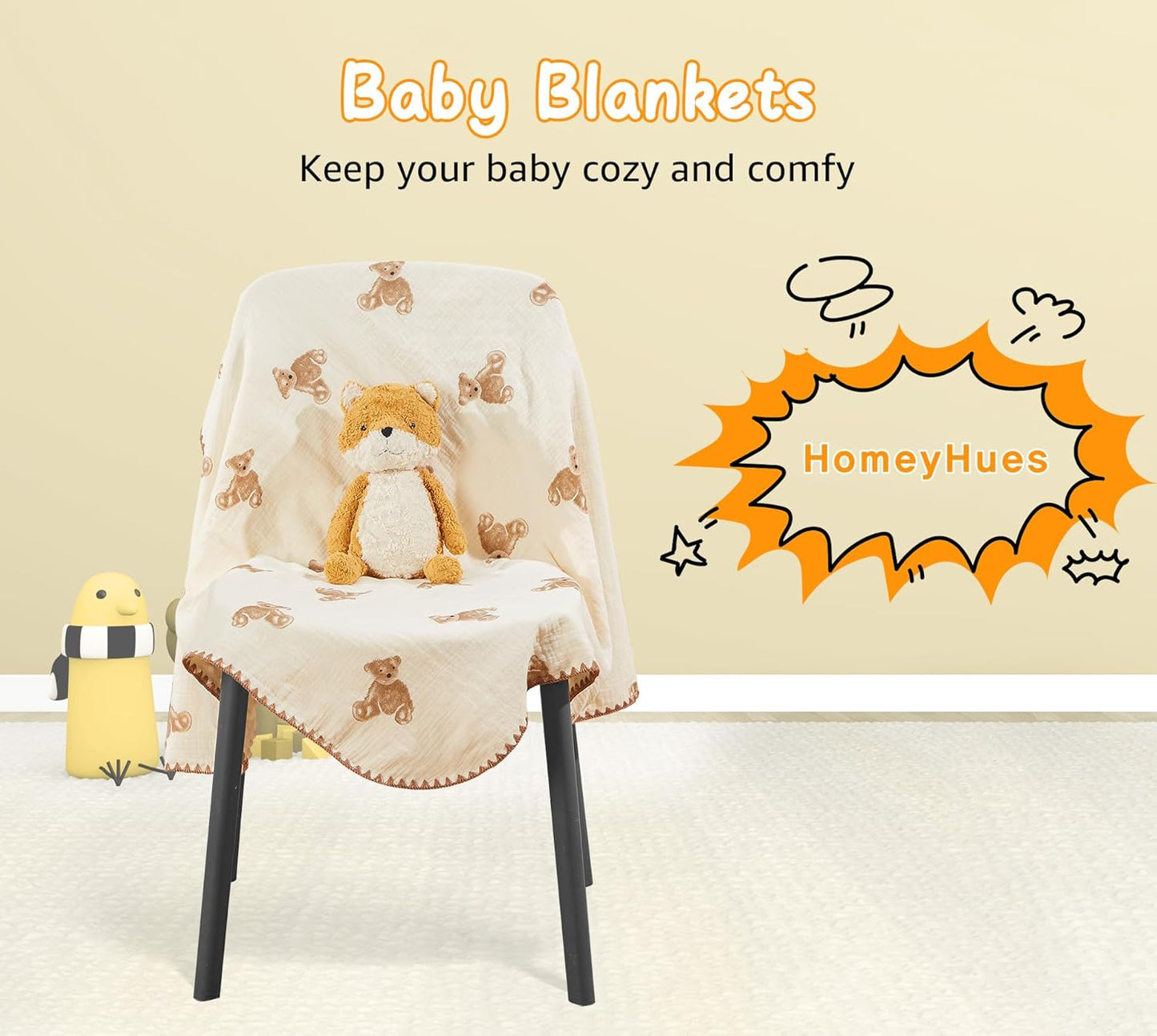 Baby Blanket Double Layer Cotton 40 x 40 Soft Receiving Blanket with Pattern Machine Washable Brown Bear