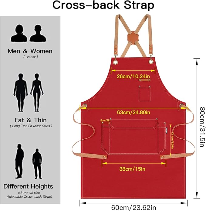 Genixart 6 Bulk Pack Chef Apron for Men Women with Pockets, Cross Back Apron for Kitchen Cooking Baking Artist Painting, Cotton Canvas Work Aprons for Restaurant, Cafe Shop, Garden (Red, M to XXL)