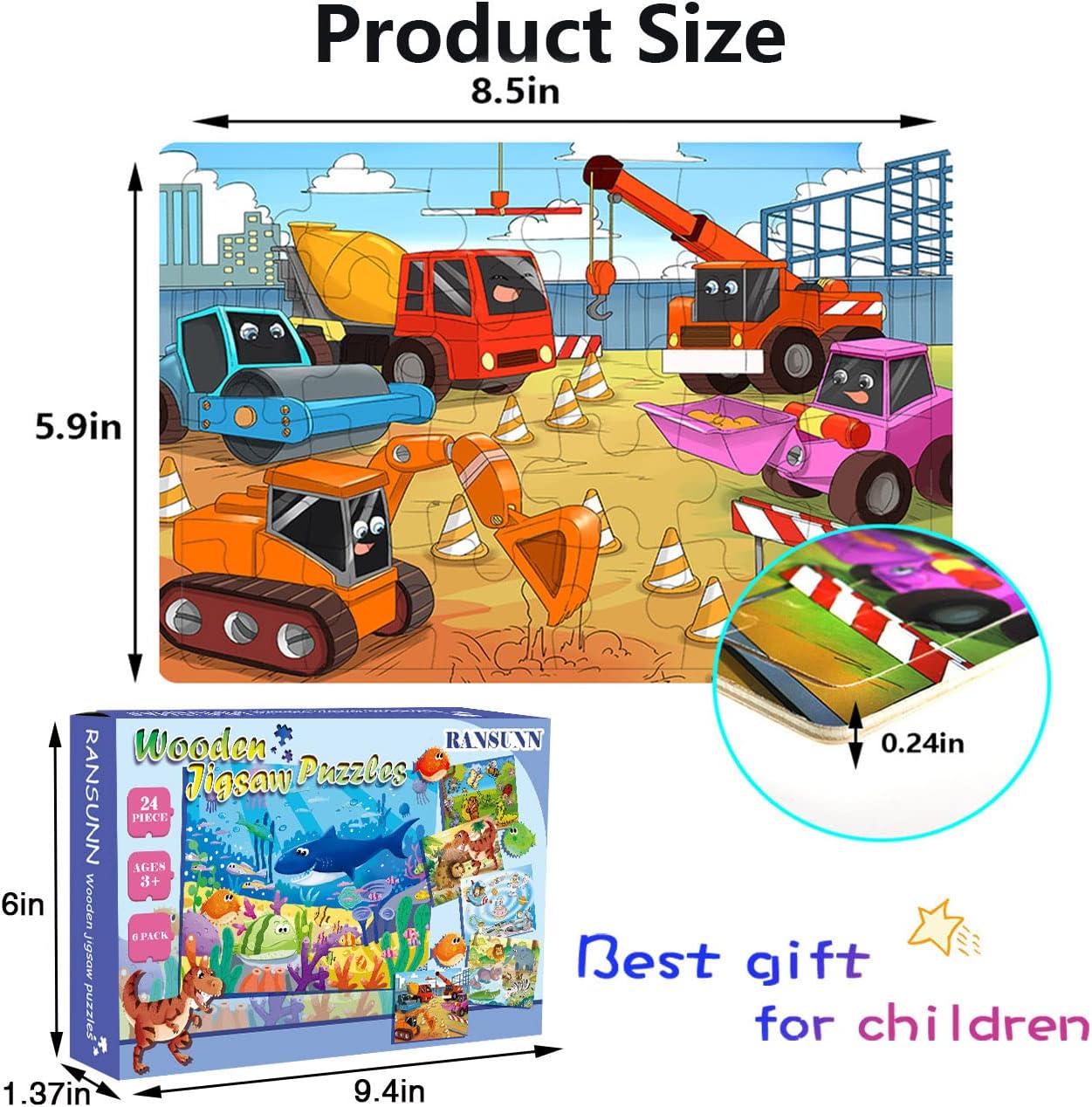Wooden Puzzles for Kids Ages 3-5, 24 Piece Colorful Learning Toys for Toddler Children - Educational for Boys and Girls (6 Puzzles)