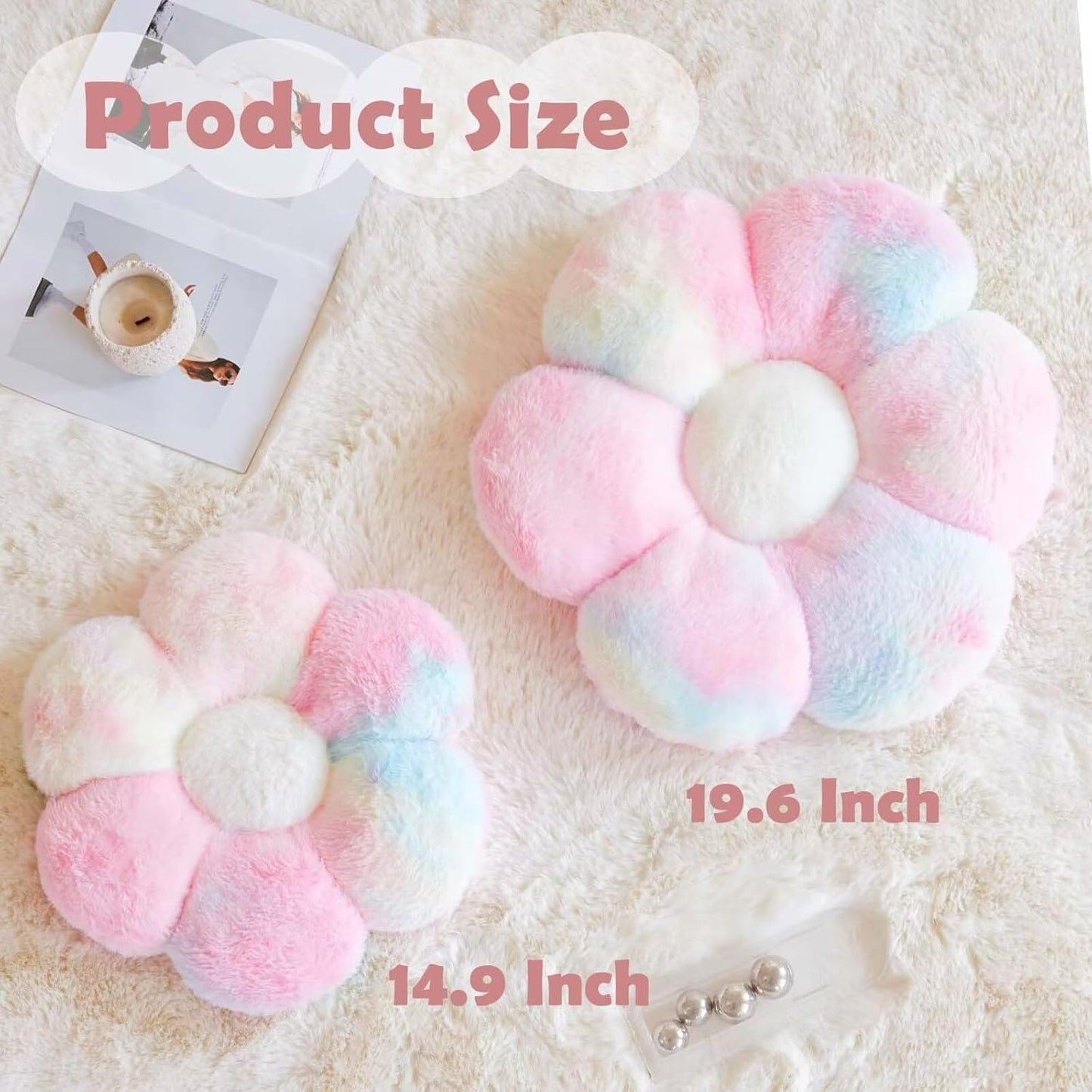 Rainbow Pink Flower Pillow, Cute Decorative Flower Shaped Throw Pillow with Faux Rabbit Fur, 14.9" Soft Flower Plush Throw Pillow Floor Pillows Room Décor for Bedroom Living Room