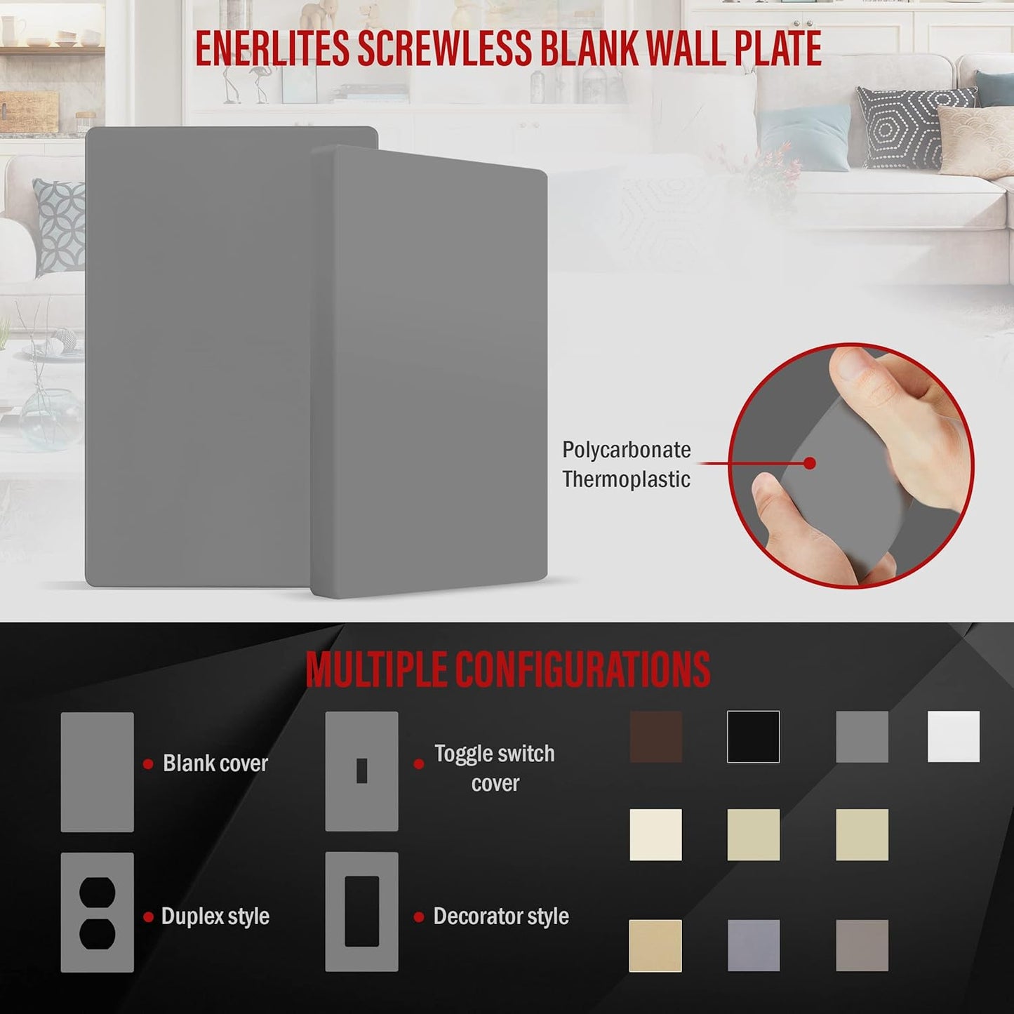 ENERLITES Screwless Blank Wall Plate, Child Safe Blank Device Outlet Cover, Standard Size, 1-Gang 4.68" x 2.93", Polycarbonate Thermoplastic, UL Listed, SI8801-GY, Glossy, Gray