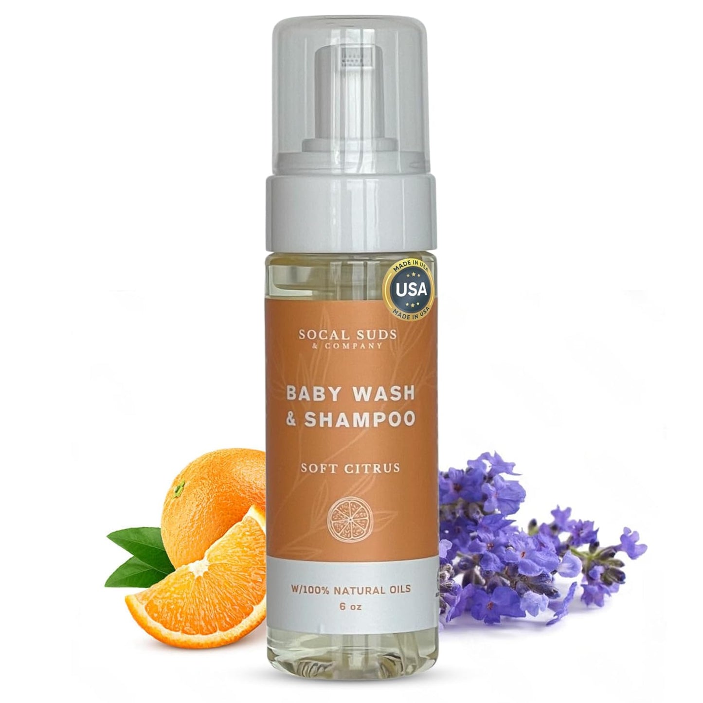 SoCal Suds & Company - 2-in-1 Organic Foaming Shampoo & Body Wash - Gentle Botanical Baby Wash for Sensitive Skin - Clean Natural Nourishing Soothing Castile Soap - Newborn Baby - Soft Citrus, 6oz