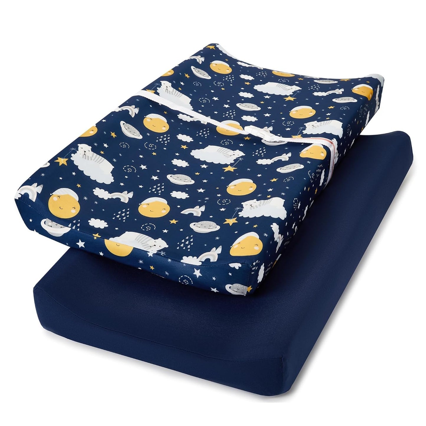 TILLYOU Changing Pad Cover Set in Soft Jersey Material - Fits 32"/34''x16 Contoured Pad for Babies, Starry Adventure and Dark Blue