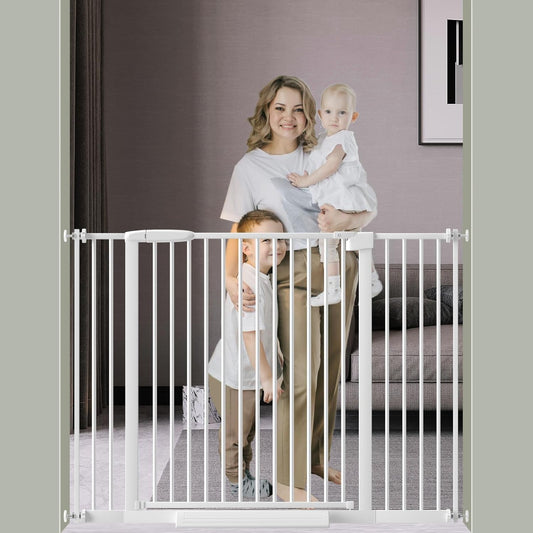 DEARBB Extra Wide Baby Gate Ultra Narrow Spacing 30.11-77.36" Pressure Mounted Double Lock Swing Auto Close Walk Through Metal Safety Pet Gate for Stairs and House Doorway Kitchen