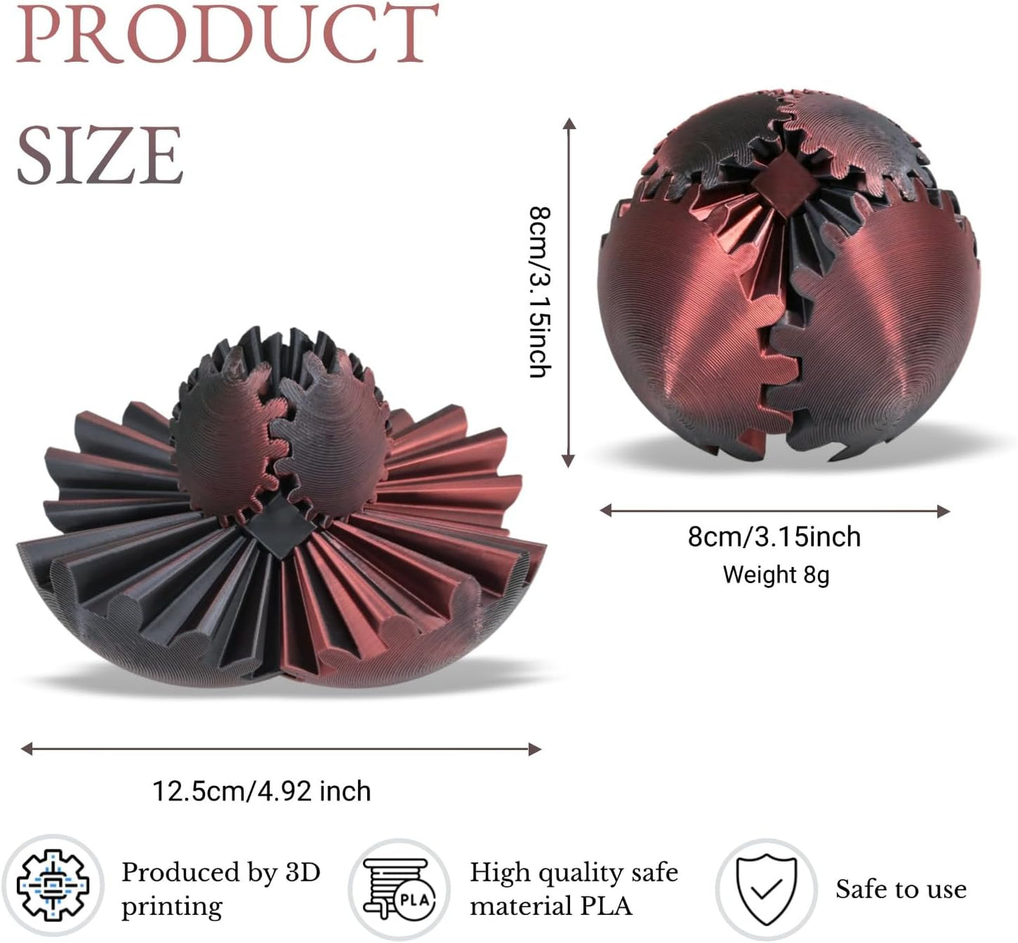 3D Printed Gear Ball, Gear Sphere Fidget Toy Stress Relif Toy for ADHD, Anxiety Relaxing Toy for Adults at Work/Study/Travel, Red-Black