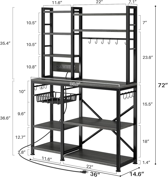Baker Rack with Power Outlet - Microwave Stand with Storage, Large Coffee Bar Station with 14 Hooks, Metal Kitchen Shelf Rack for Spices, Pots (Rustic Grey)