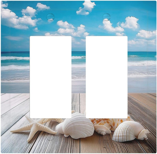 Decorative Outlet Covers Beach Waves Brown Wood Starfish Shells 2 Gang Double Gfci Rocker Electrical Wall Panels Light Switch Cover Plate For Bathroom Living Room Decor