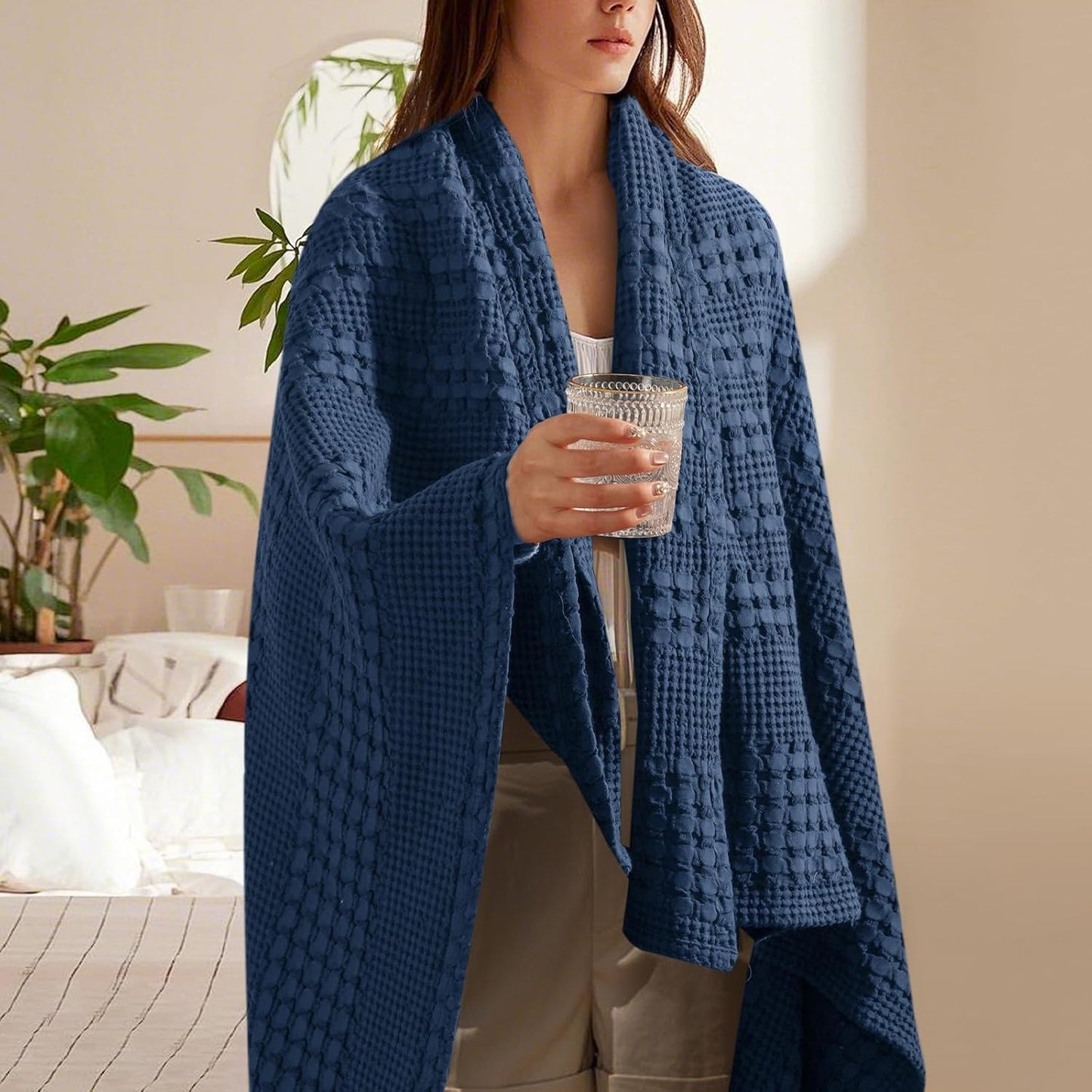 PHF 100% Cotton Waffle Weave Throw Blanket, Soft Lightweight Breathable Cozy Summer Throws for Couch Bed Sofa, Luxury Aesthetic Woven Blanket for Home Decor & Office, 50"x60", Bright Navy