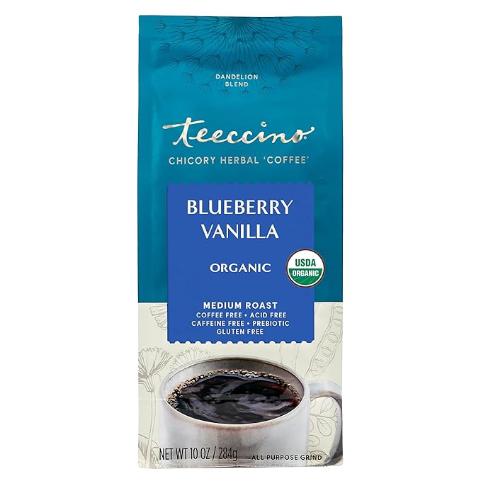 Teeccino Dandelion Blueberry Vanilla Chicory Coffee Alternative - Ground Herbal Coffee That’s Prebiotic, Caffeine Free & Acid Free, Medium Roast, 10 Ounce