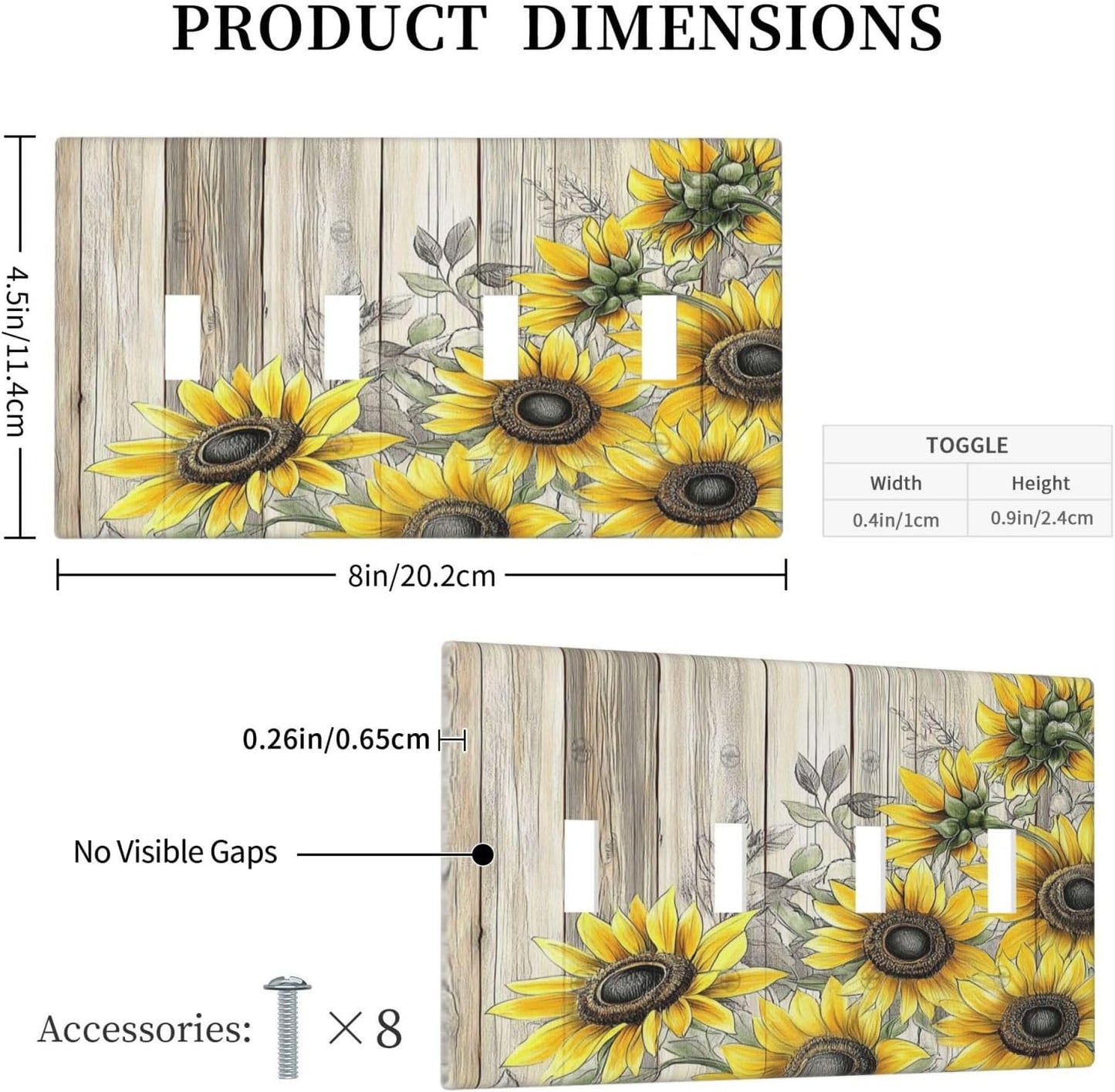 Light Switch Covers Floral Sunflower Rustic Flower Vintage Wood Quad Toggle Electrical Faceplate 4 Gang Wall Plate Decorative Switch Plates For Farmhouse Cabin Decor