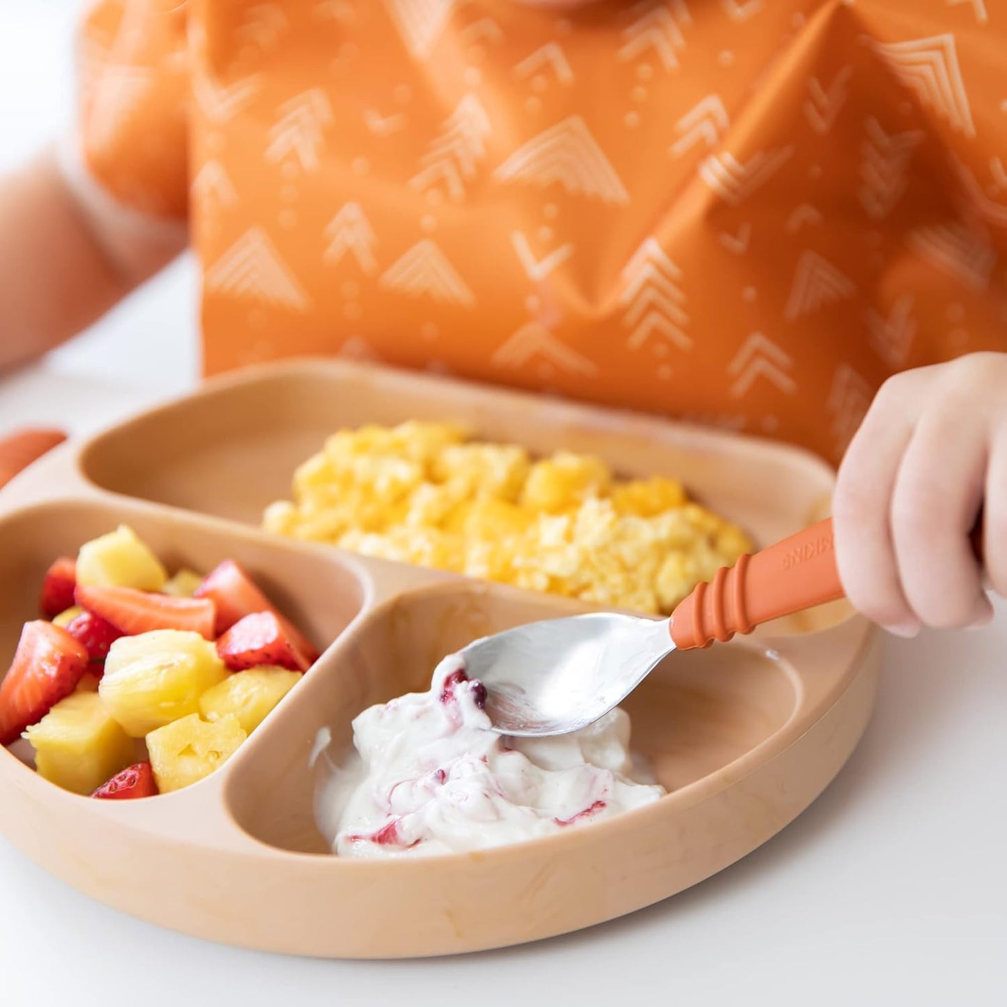 Bumkins Toddler Utensils, Kids Size Fork and Spoon Set, Silicone and Stainless-Steel Training Silverware, Angled Forks/Sporks for Self-Feeding, Children Hold Learning to Eat, 18 Months Up, Clay