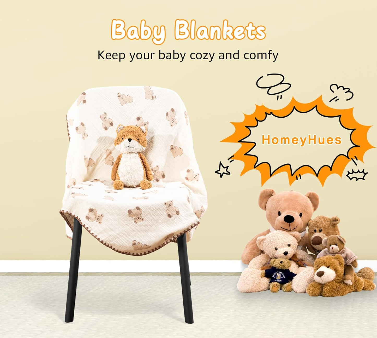 Baby Blanket Double Layer Cotton 40 x 40 Soft Receiving Blanket with Pattern Machine Washable Bear