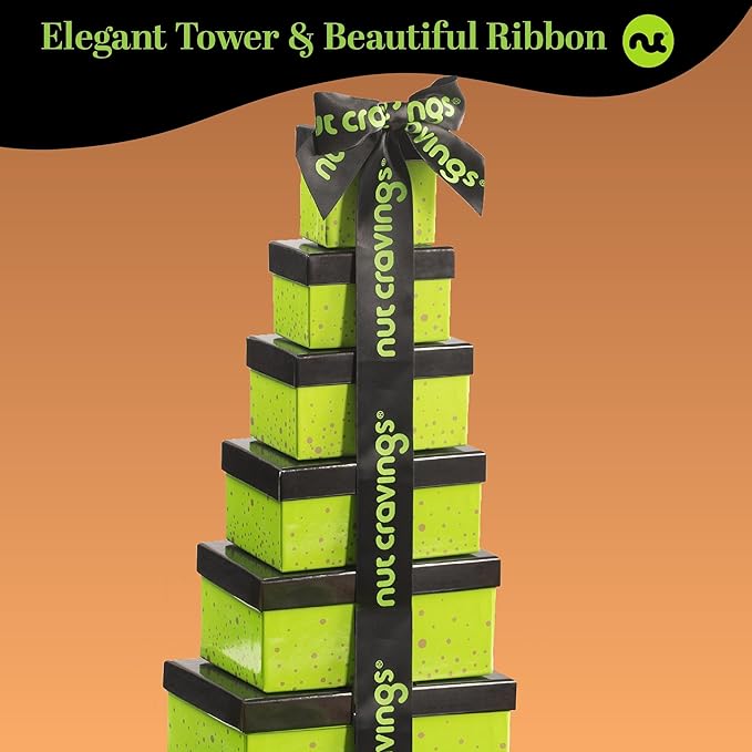 NUT CRAVINGS - Thanksgiving Dried Fruit & Mixed Nuts Gift Basket Green Tower + Ribbon (12 Assortments) Holiday Xmas Christmas Food Arrangement, Healthy Snack Care Package