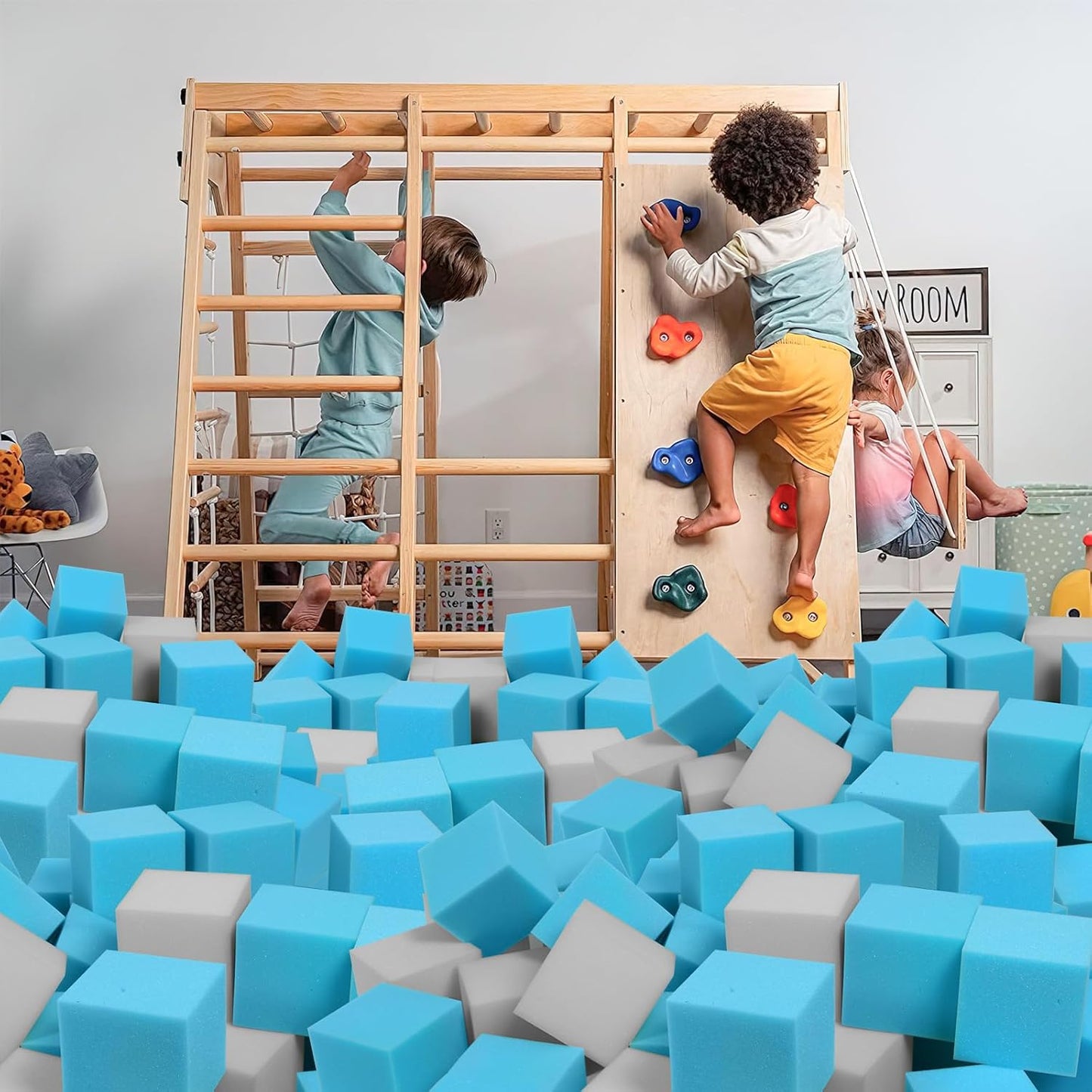 Foam Pit Cubes, 24 PCS 5 Inches Gymnastics Foam Blocks Trampoline Blocks, Multi-Sport Protective Padding for Gymnastics, Trampoline, Parkour, Skate Parks & BMX - Grey & Blue