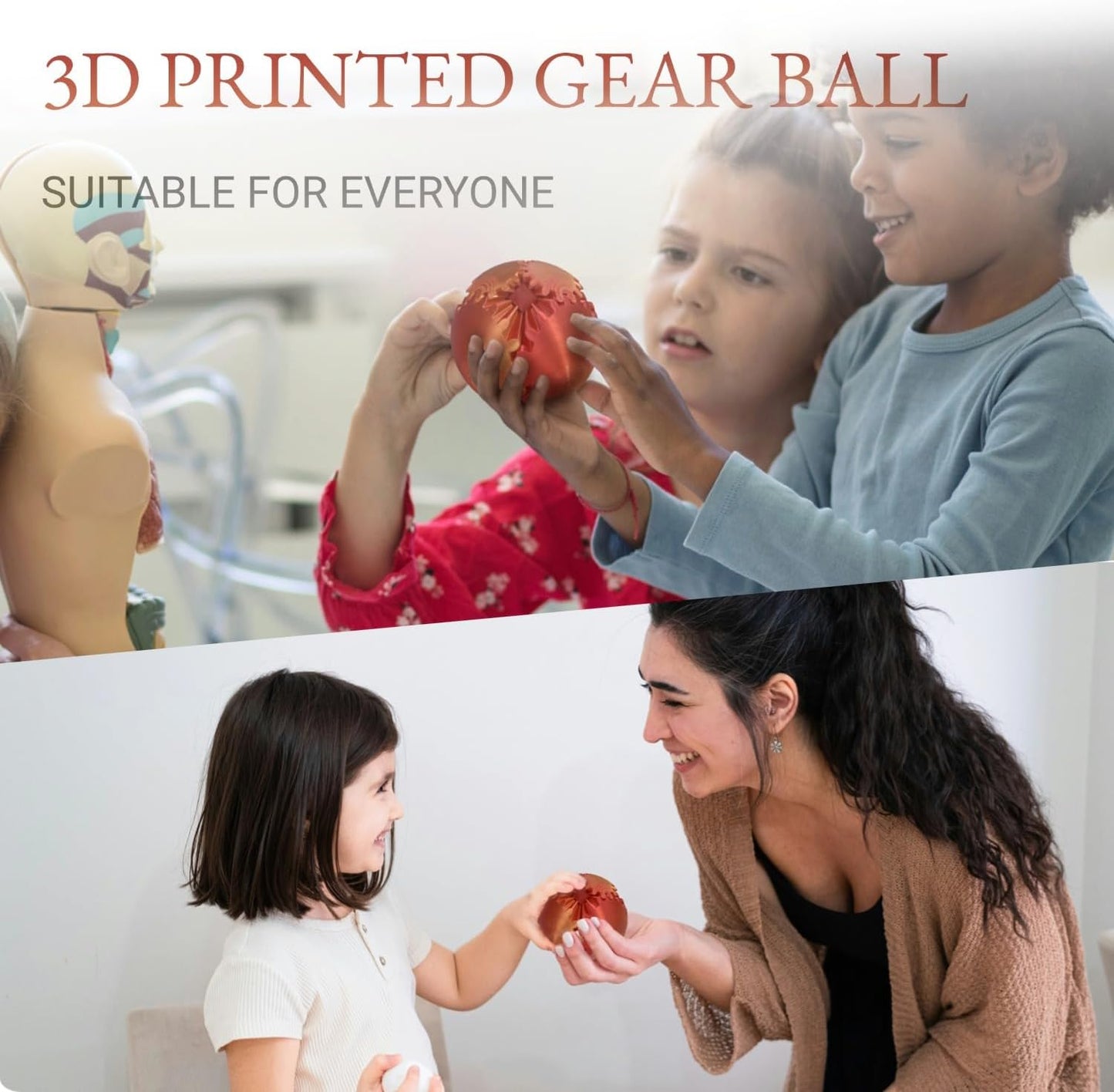 3D Printed Gear Ball, Gear Sphere Fidget Toy Stress Relif Toy for ADHD, Anxiety Relaxing Toy for Adults at Work/Study/Travel, Red-Gold