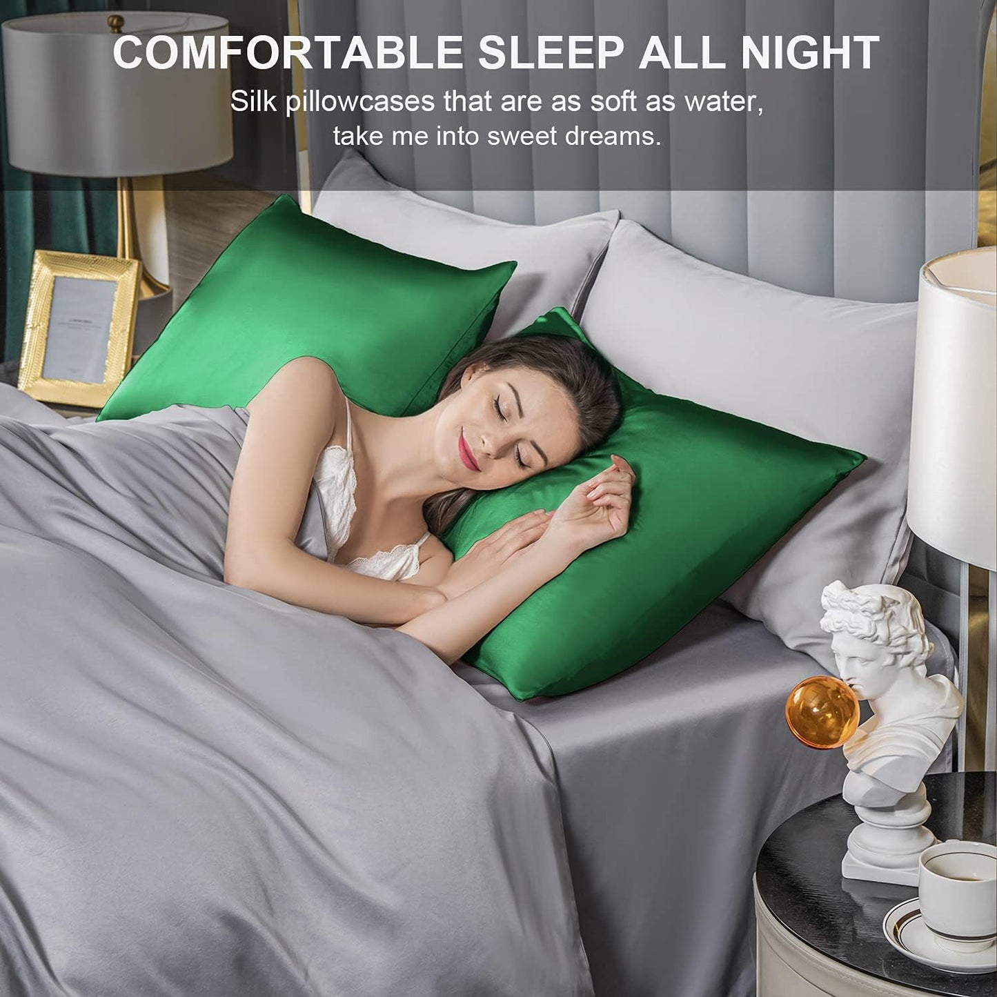 Mulberry Silk Pillowcase for Hair and Skin,King Size Cooling Silk Pillow Case with Hidden Zipper,Allergen Proof Dual Sides Soft Breathable Smooth Silk Pillow Cover for Women(King,Green)