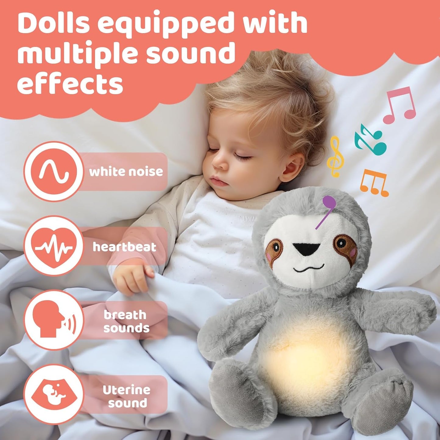 Breathing Stuffed Animal,Soothing Stuffed Animal for Anxiety Relief with Realistic Breathing Motion, Calming Music, Gentle Lights,Machine Washable,Ideal for Baby Adult and Relaxation (Sloth)