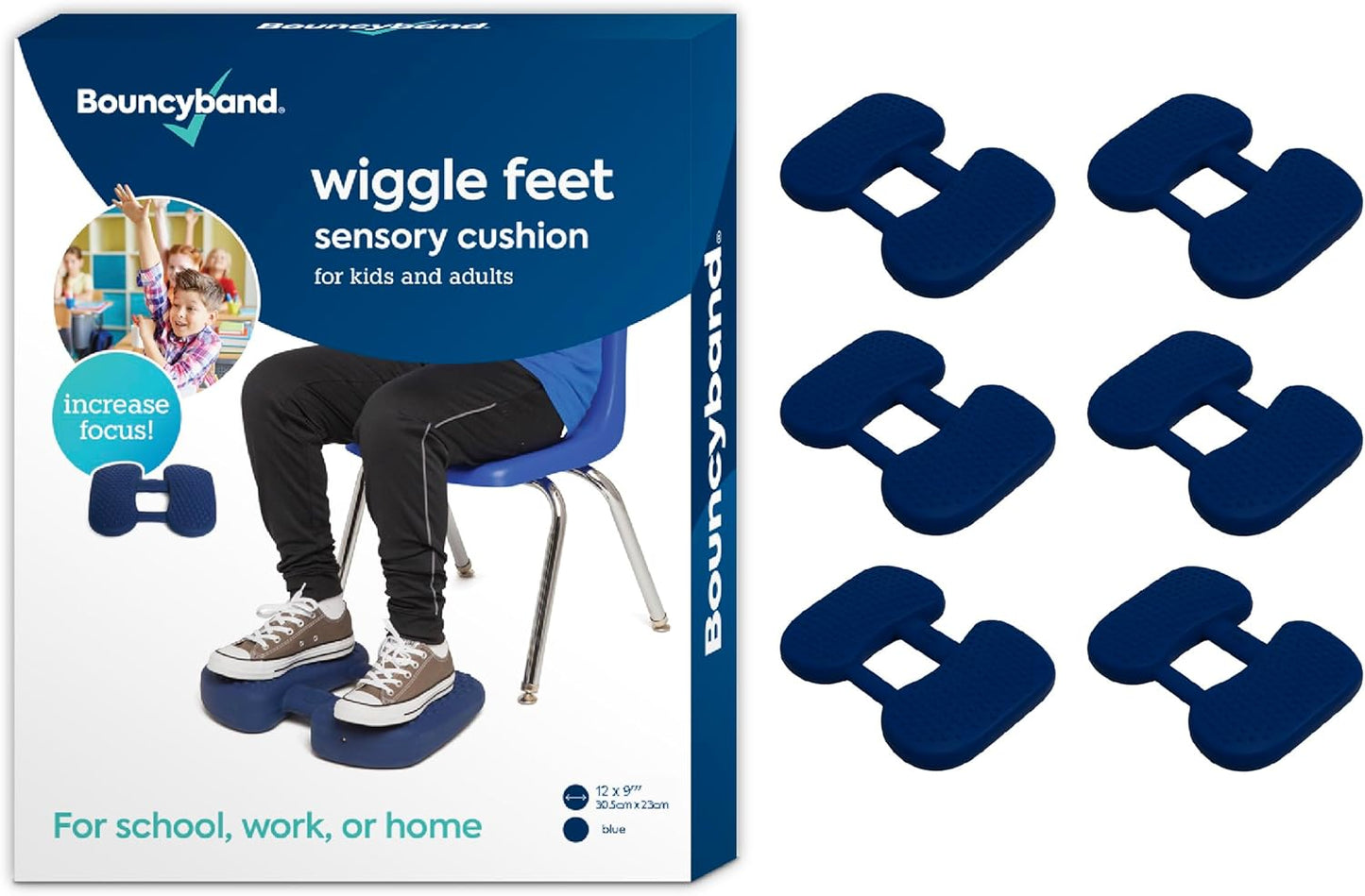 Bouncyband Wiggle Feet, Dark Blue, 6 Pack – Sensory Foot Cushion Quietly Facilitates Movement to Help Improve Concentration - 12” x 9” x 2.5” Sensory Tool, Ideal for The Classroom, Work, or at Home