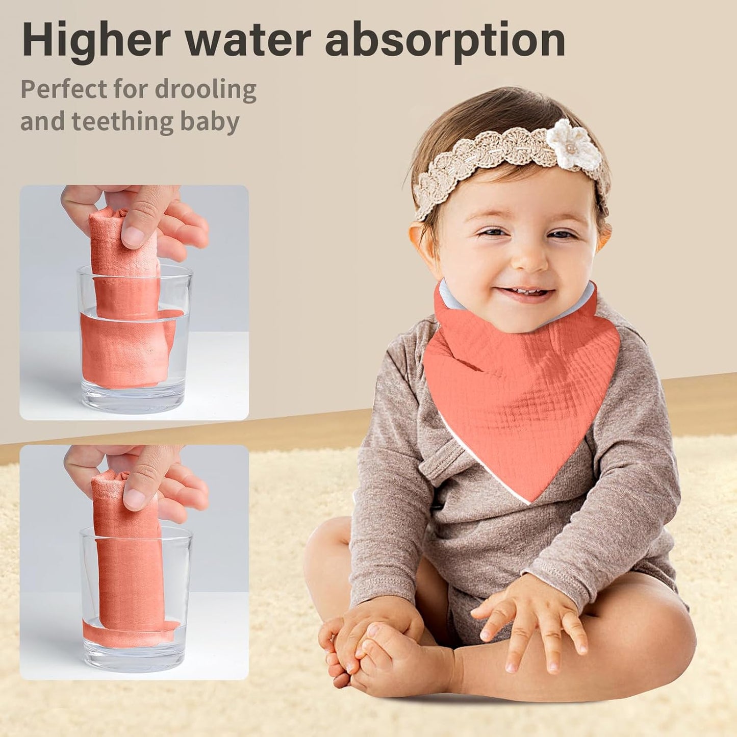 Muslin Baby Bibs,Soft Triangular Baby Bandana Drool Bibs for Baby Boy Girl,Solid Colors Bib for Drooling Teething