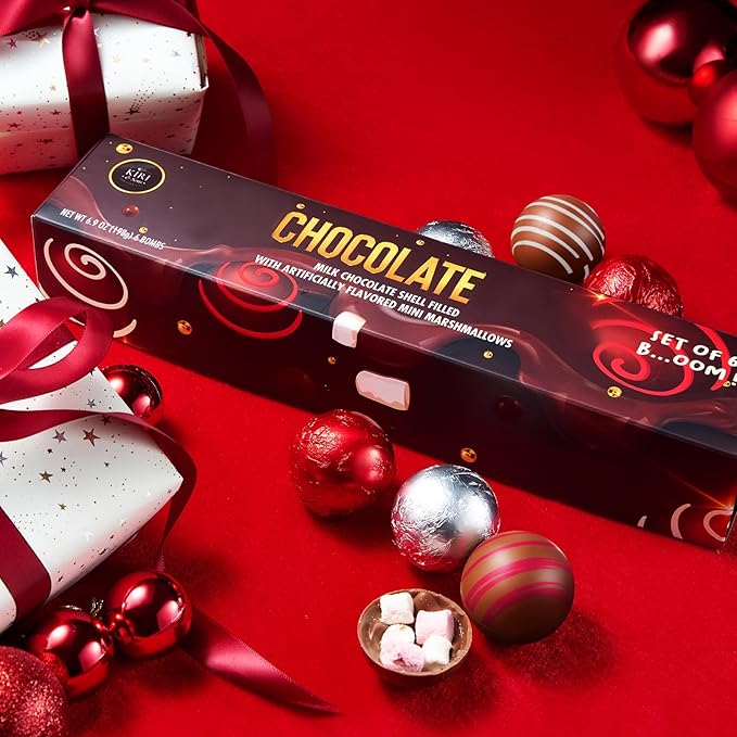 Kiri & Sons Hot Chocolate Bombs,Set of 6-2 Flavors White & Red Swirl Design Caramel & Fudge Brownie Candy Chocolates,Delicious Cocoa Melts Filled Marshmallows,Gift Melting Marshmallow Delicious Gifts