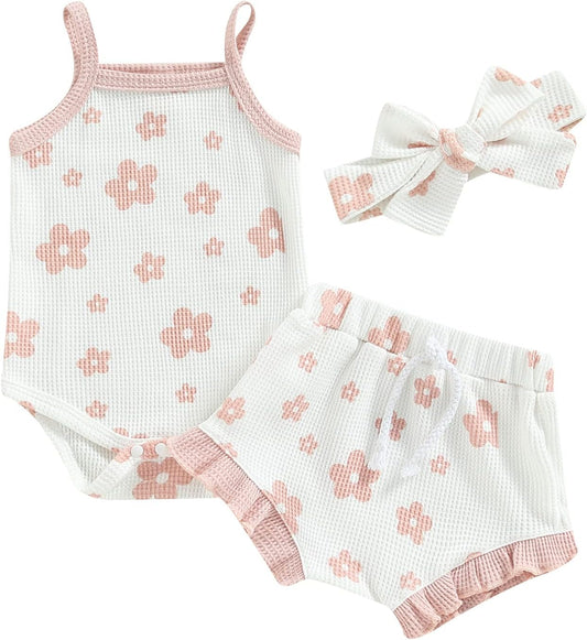 fhutpw Baby Girl Clothes Summer Cute Outfits 3 6 12 18 Months Spaghetti Strap Romper & Floarl Shorts Sets