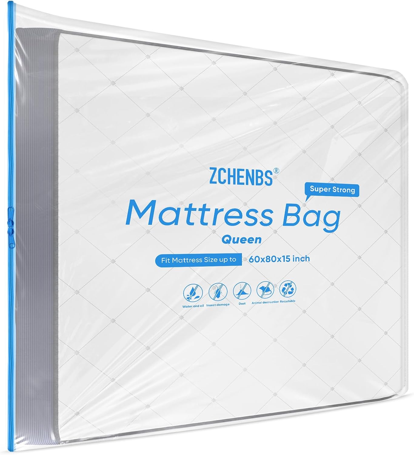 ZCHENBS® – Mattress Bags for Moving and Storage,Mattress Bag with Zippers,5 Mil Ultra-Thick Bed Bag,Waterproof,Anti-Tear,Heavy-Duty Mattress bag (Transaparent/Blue, Queen-(1 Pack))