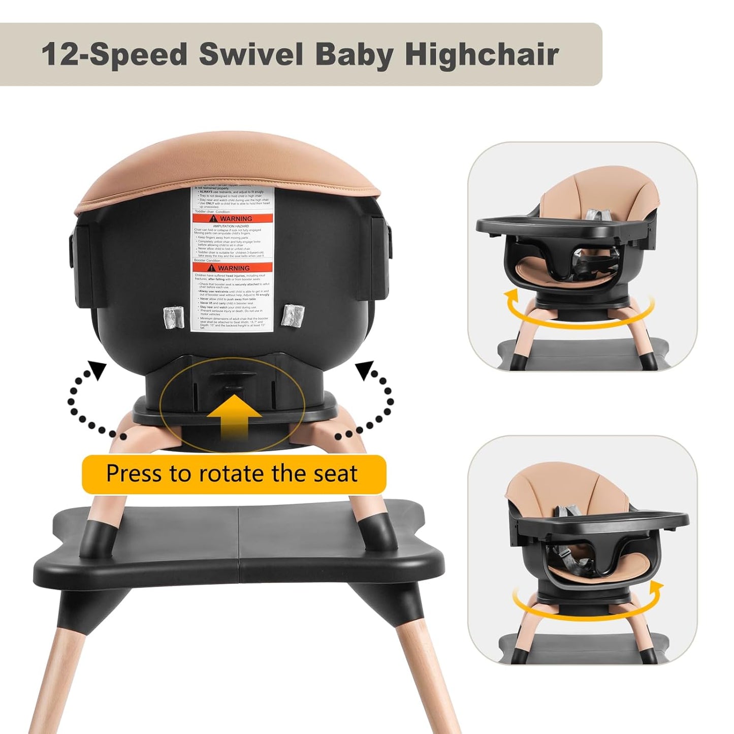 Baby High Chair, 7 in 1 Convertible High Chairs for Babies and Toddlers, Kids Learning Table, Building Block Table, Toddler Dining Chair with 360° Rotating Seat, 5-Point Safety Harness (Black)
