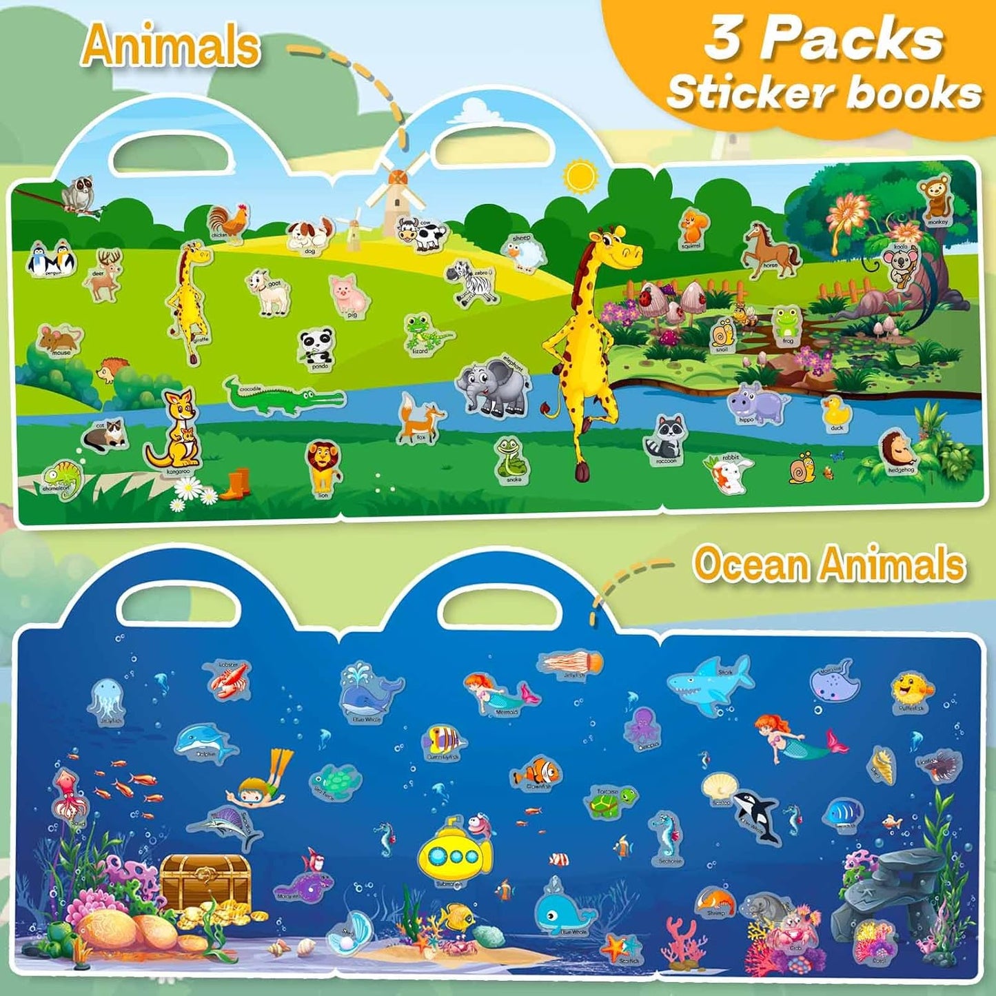 Reusable Sticker Books for Toddlers 1-3, 3 Sets Sticker Books for Toddlers 2-4 Years, Toddler Travel Toys for Kids 2 3 4 Year Old Girls Boys