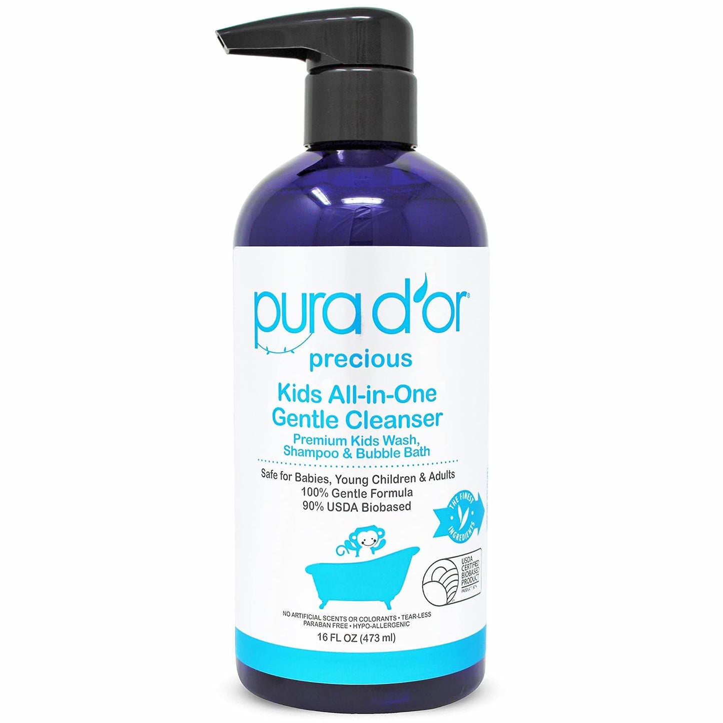 PURA D'OR 16 Oz Kids Wash - All-in-One Gentle Cleanser - USDA Biobased, Sulfate-Free, Tear-Less, Hypoallergenic, Premium, Shampoo & Bubble Bath
