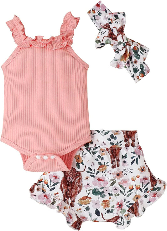 fhutpw Baby Girl Clothes Summer Cute Outfits 3 6 12 18 Months Spaghetti Strap Romper & Floarl Shorts Sets