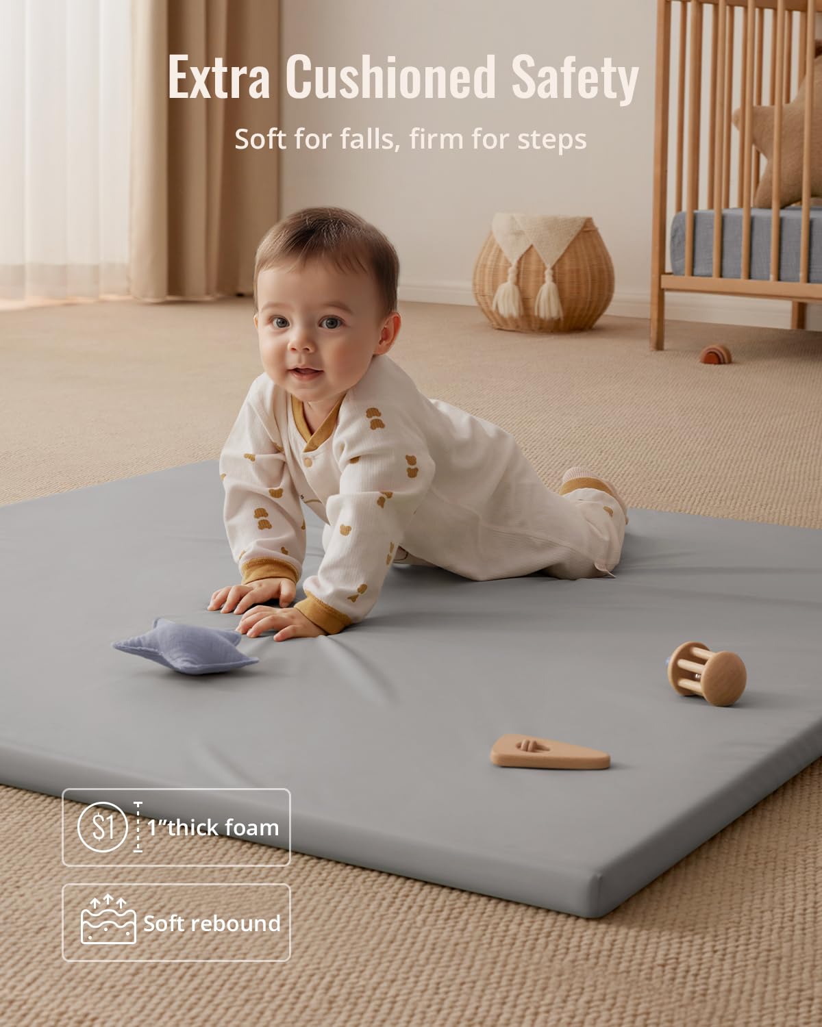 Blissful Diary Vegan Leather Baby Play Mat, 47x47 Thicken Foam Cushioned & Waterproof Playpen Mat for Infants and Toddlers, Stylish and Just Wipe-Clean Playmat for Baby Play on Floor, Light Gray