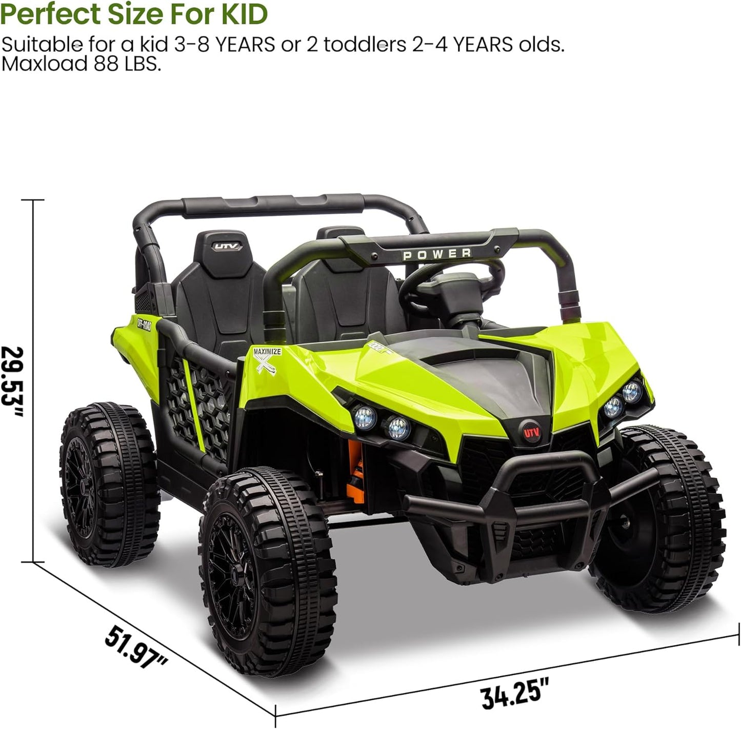 24V 2 Seater Ride On Car Truck, Power Wheels Kids UTV w/Parent Remote Control, 3.1 MPH Max Speed, Music Player, LED Lights & Storage, Electric Vehicle Ride On Toy for Kids Toddler Ages 3-8, Green